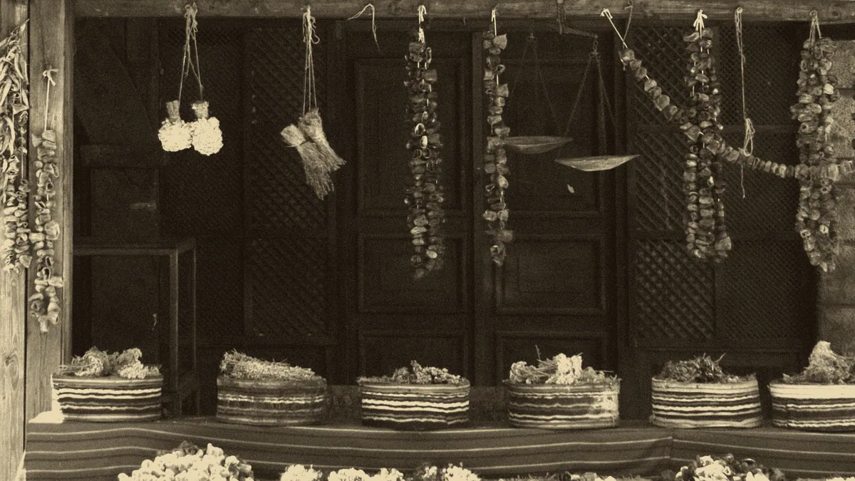 A market stall of goods for trade.