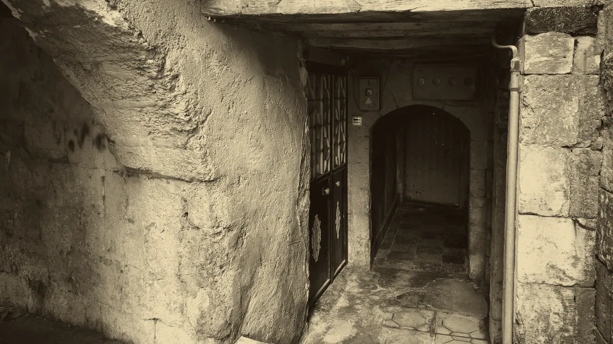 A weathered stone doorway.